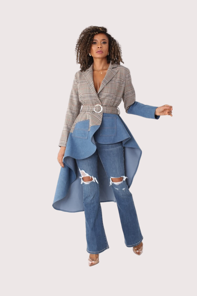Grey Plaid High-Low Blazer with Leather -82018 boutique ladies trendy