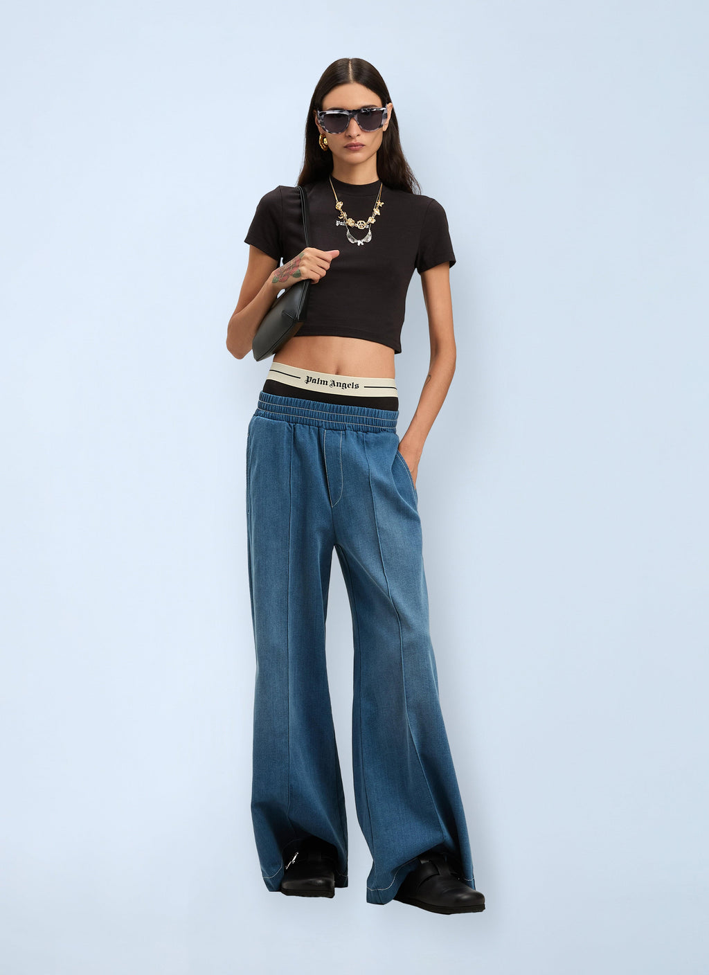 Palm Angels Ladies Logo Motif T-Shirt cropped tee top cotton