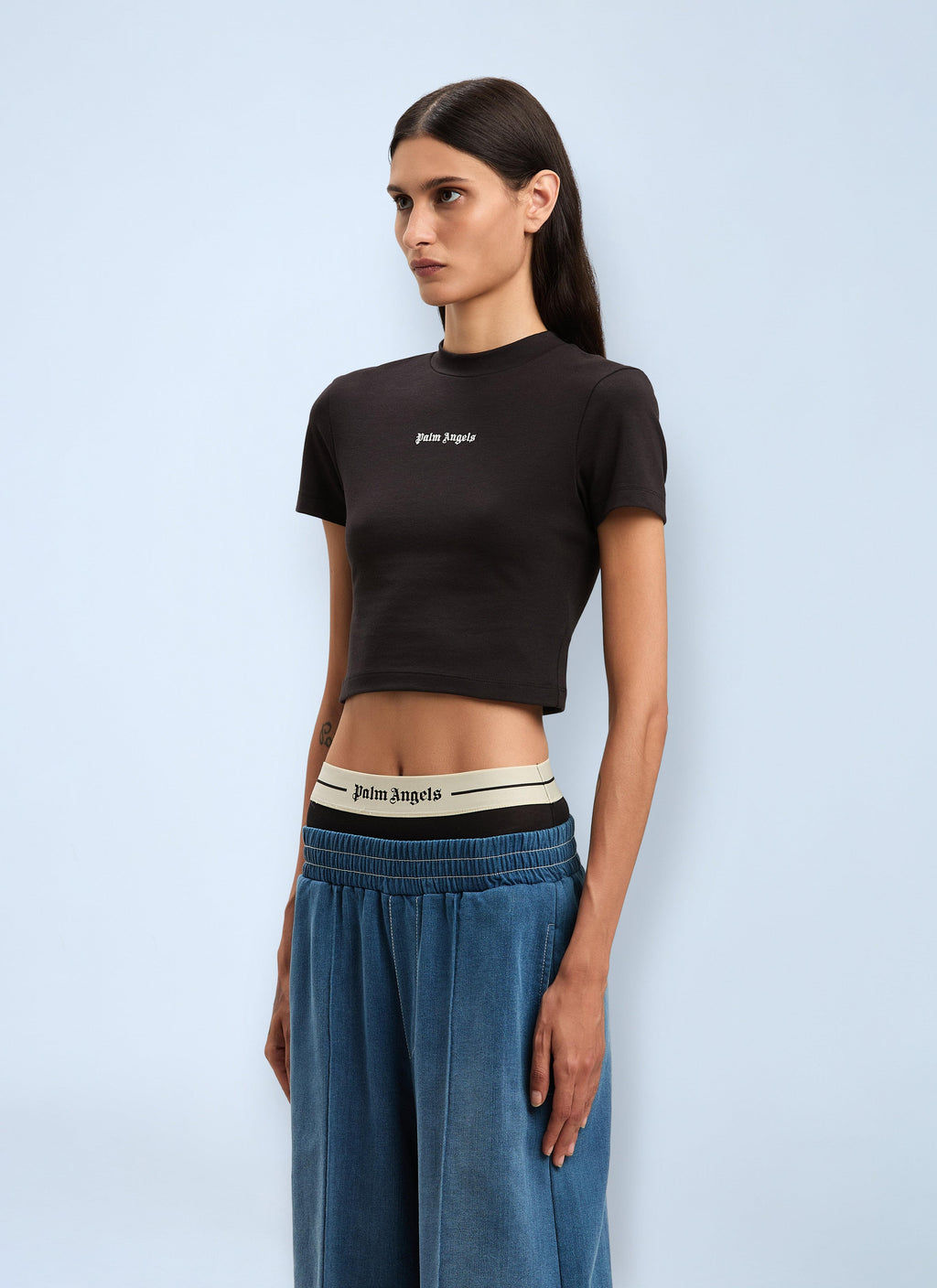 Palm Angels Ladies Logo Motif T-Shirt cropped tee top cotton