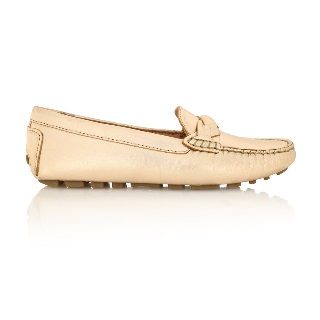 PIPER Leather Driving Loafers Mocs Gold Metallic Bone Shoes Joan Oloff