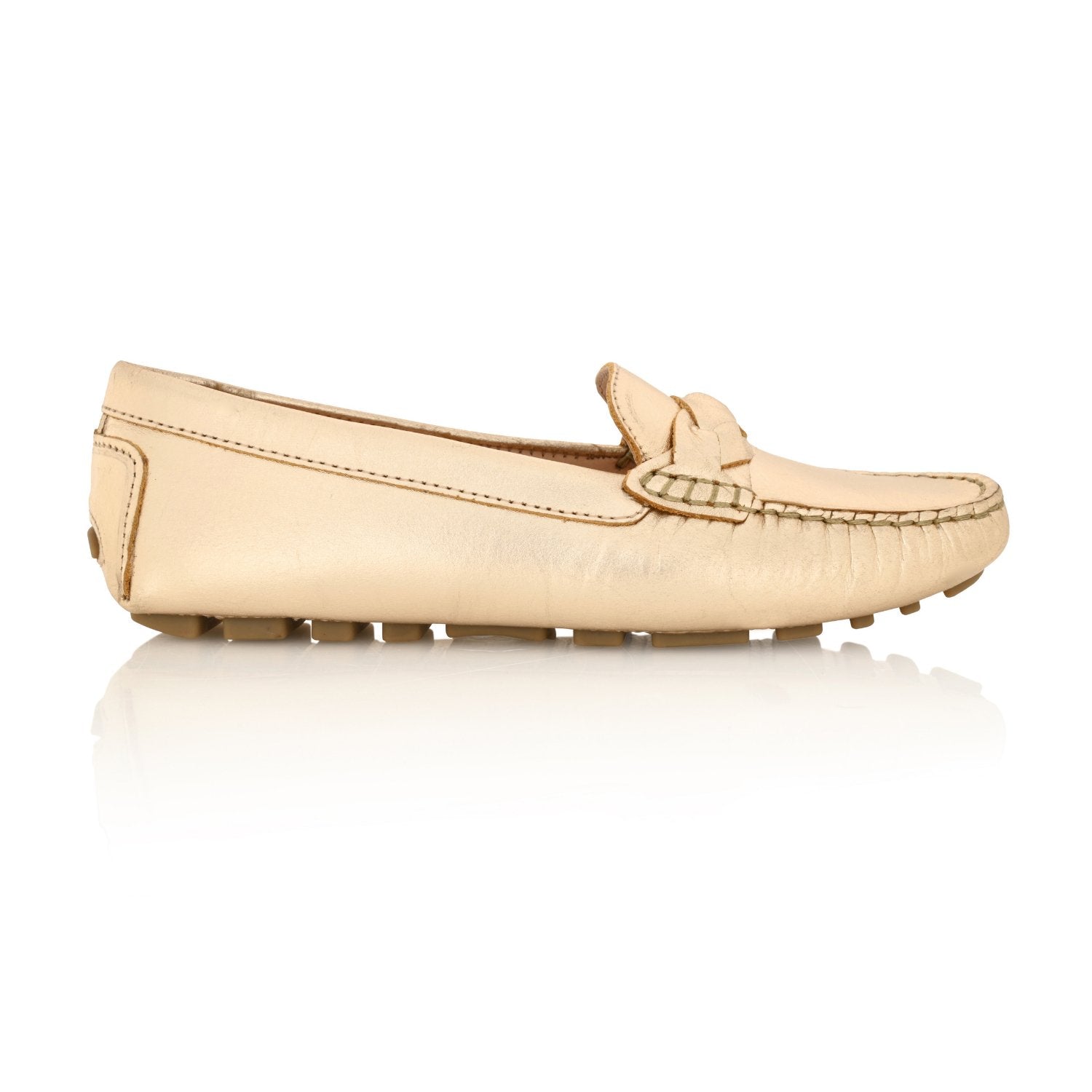 PIPER Leather Driving Loafers Mocs Gold Metallic Bone Shoes Joan Oloff