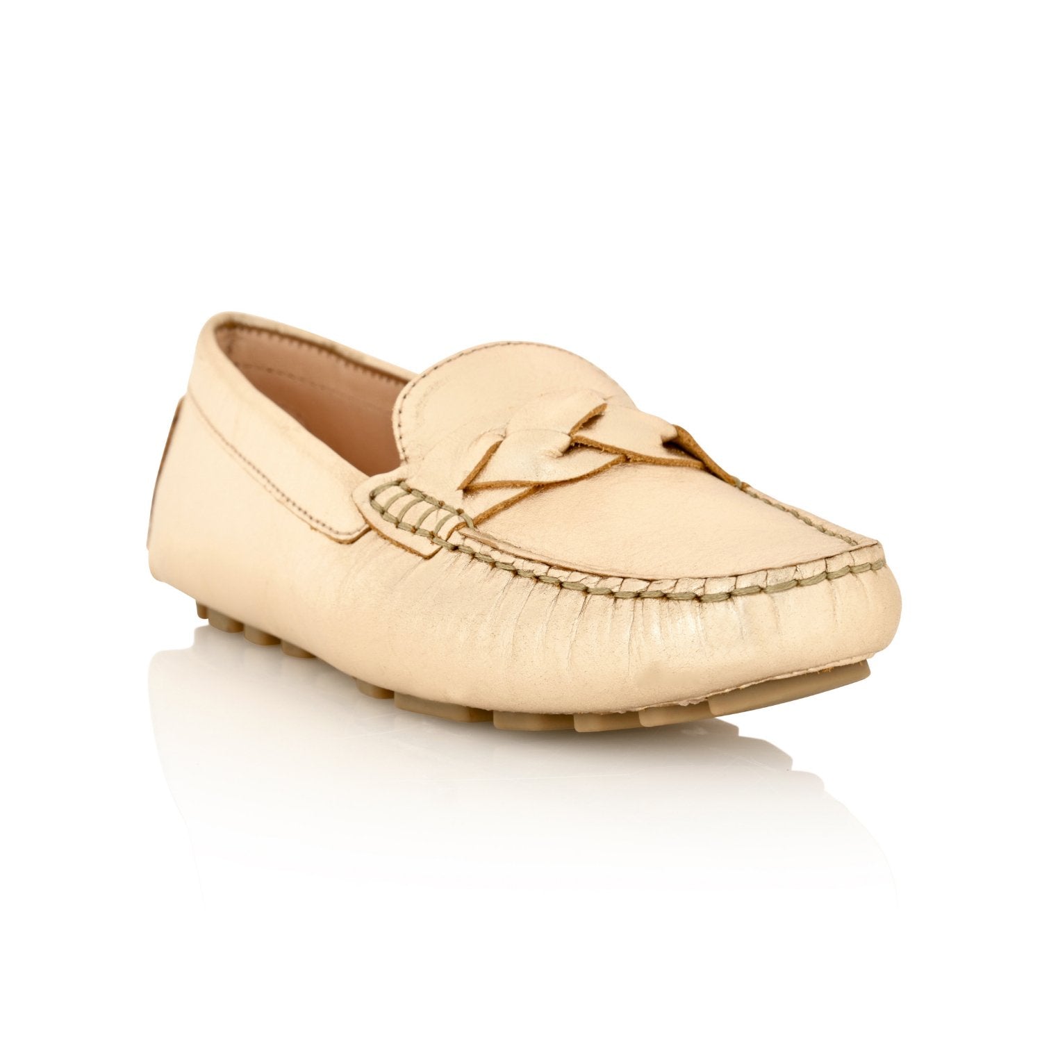 PIPER Leather Driving Loafers Mocs Gold Metallic Bone Shoes Joan Oloff