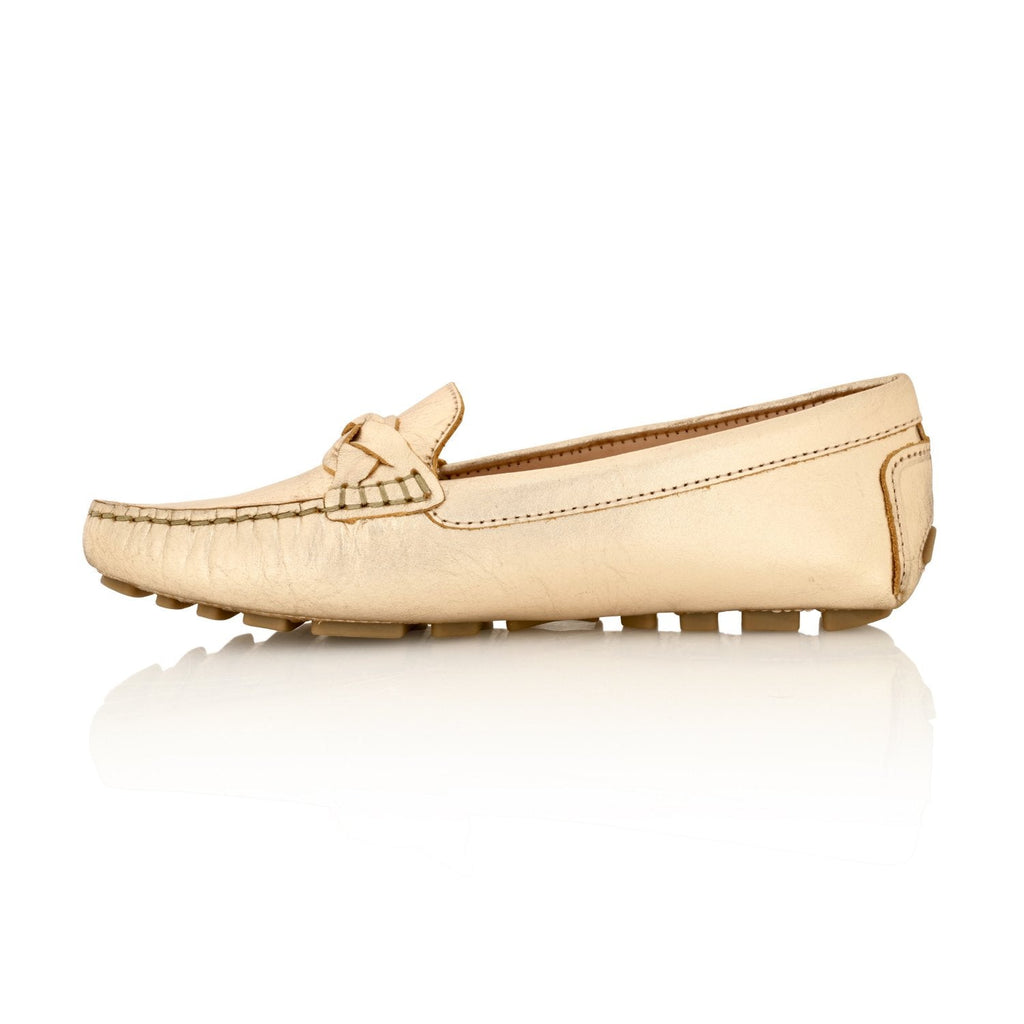 PIPER Leather Driving Loafers Mocs Gold Metallic Bone Shoes Joan Oloff