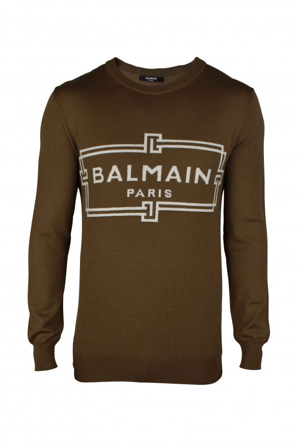 Balmain Paris Men's Sweater khaki logo wool pullover