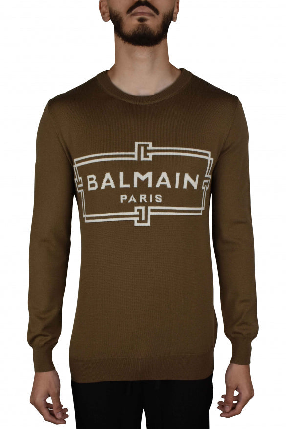 Balmain Paris Men's Sweater khaki logo wool pullover