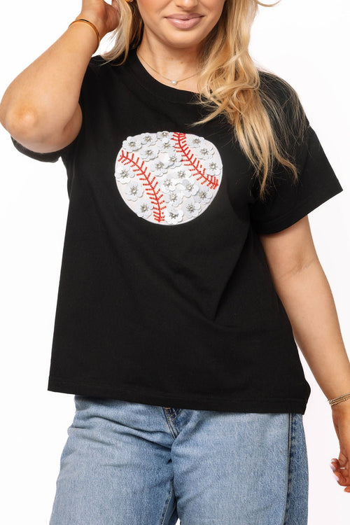 Queen of Sparkles QOS Black Flower Baseball Tee