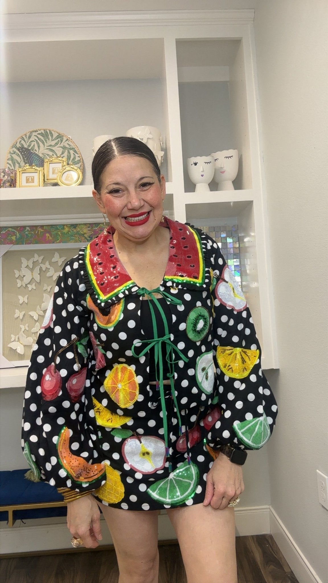 QOS Black & White Polka Dot Tie Up Fruit Cotton Top watermelon Queen of Sparkles