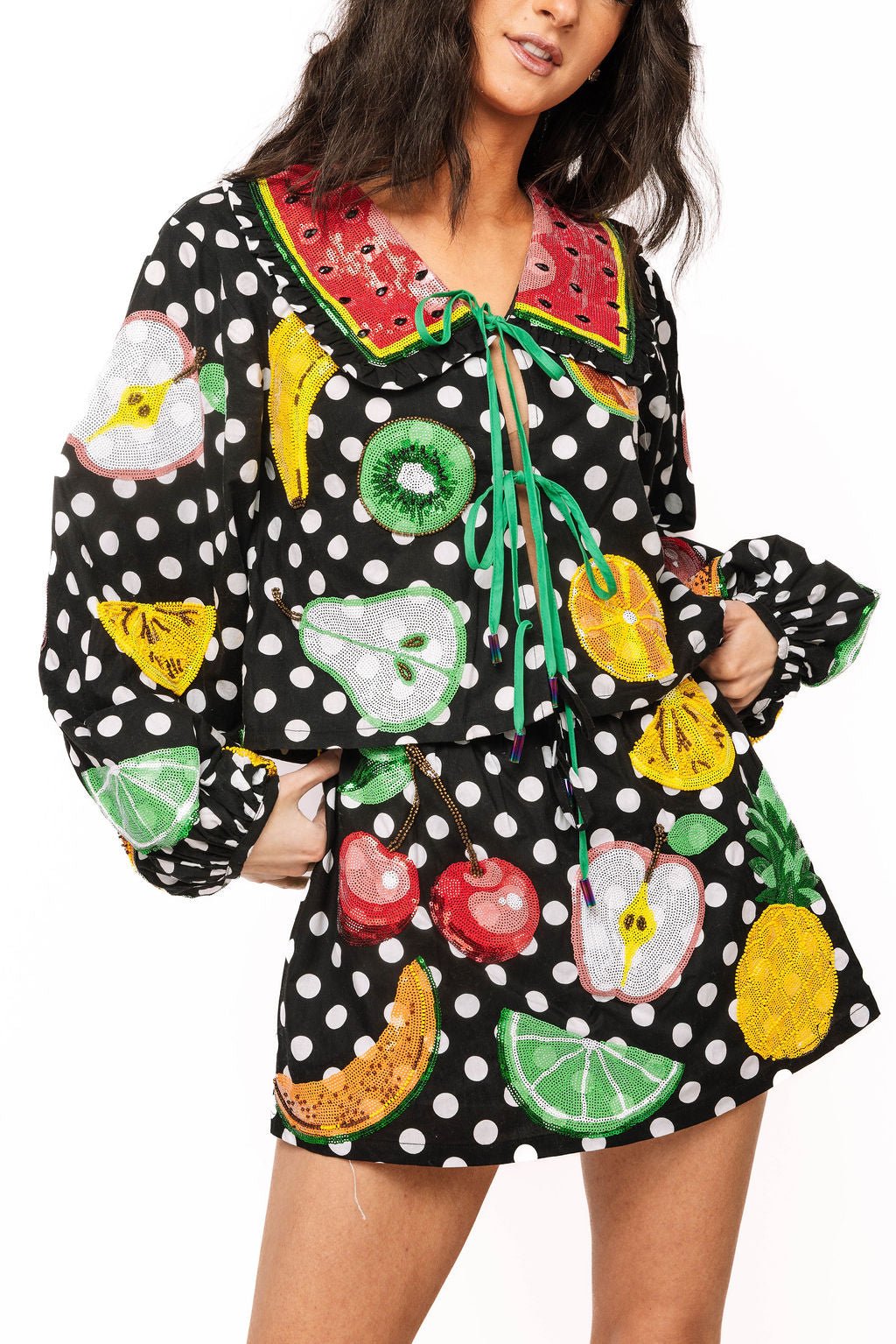 QOS Black & White Polka Dot Tie Up Fruit Cotton Top watermelon Queen of Sparkles