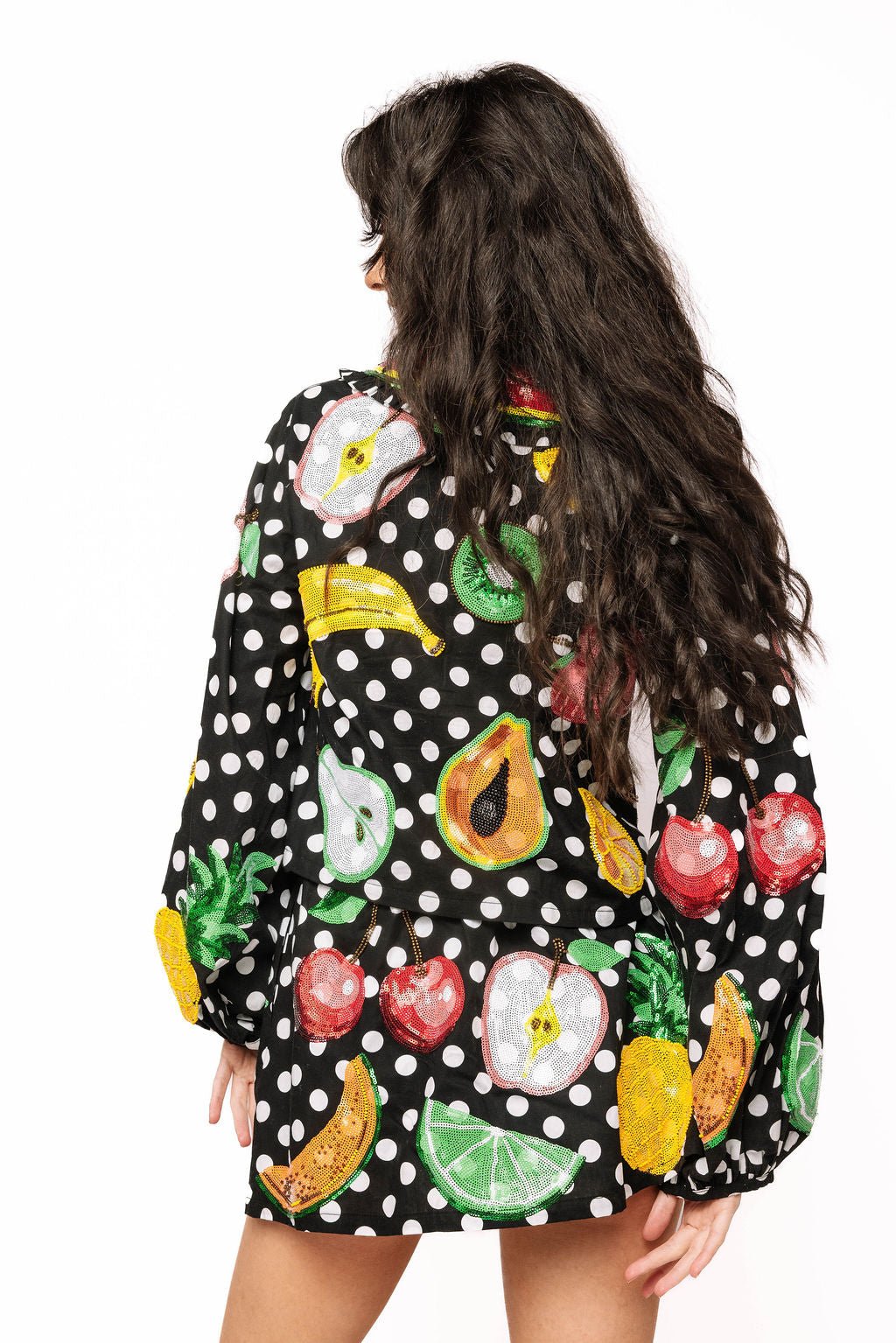 QOS Black & White Polka Dot Tie Up Fruit Cotton Top watermelon Queen of Sparkles