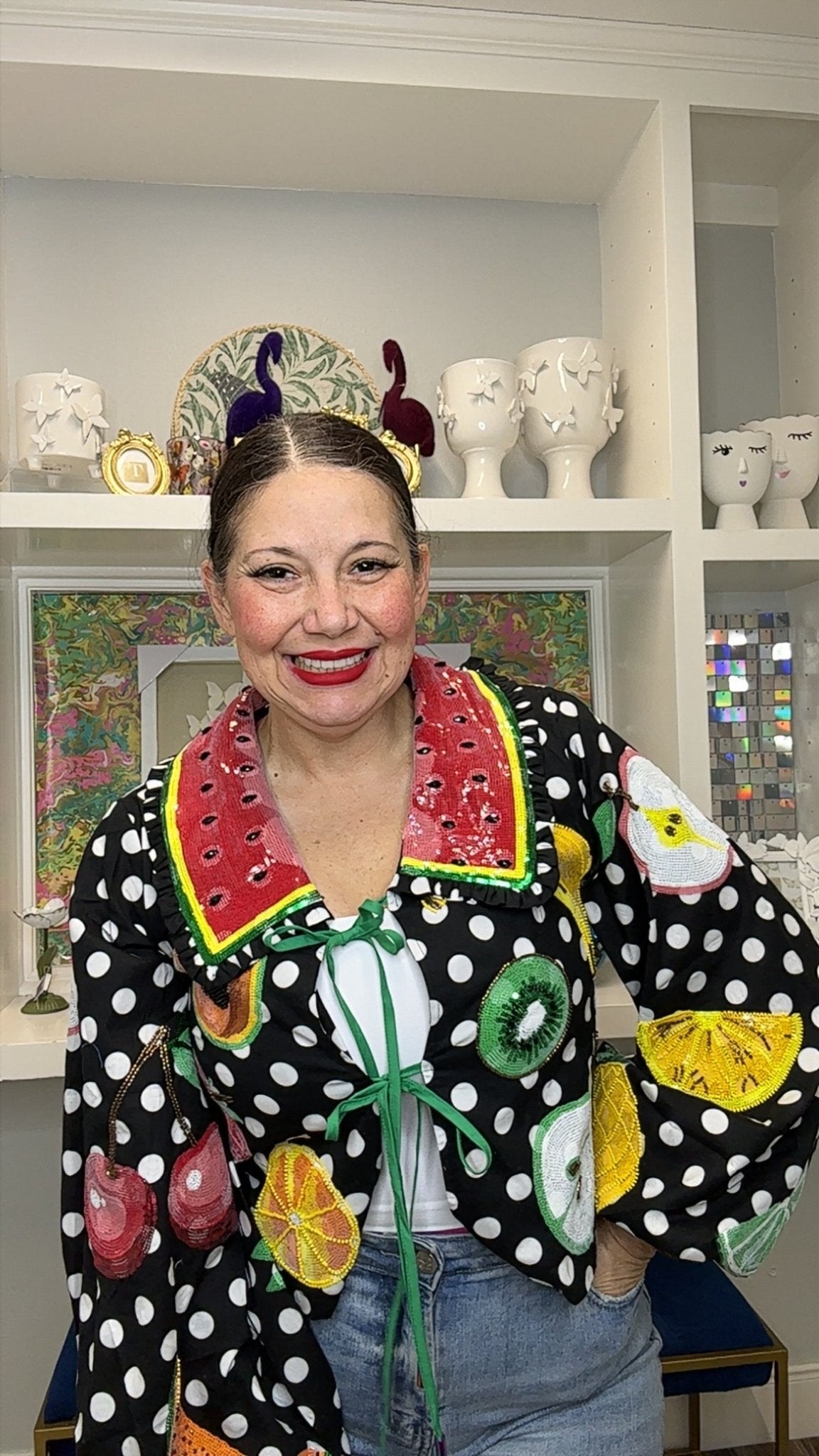 QOS Black & White Polka Dot Tie Up Fruit Cotton Top watermelon Queen of Sparkles