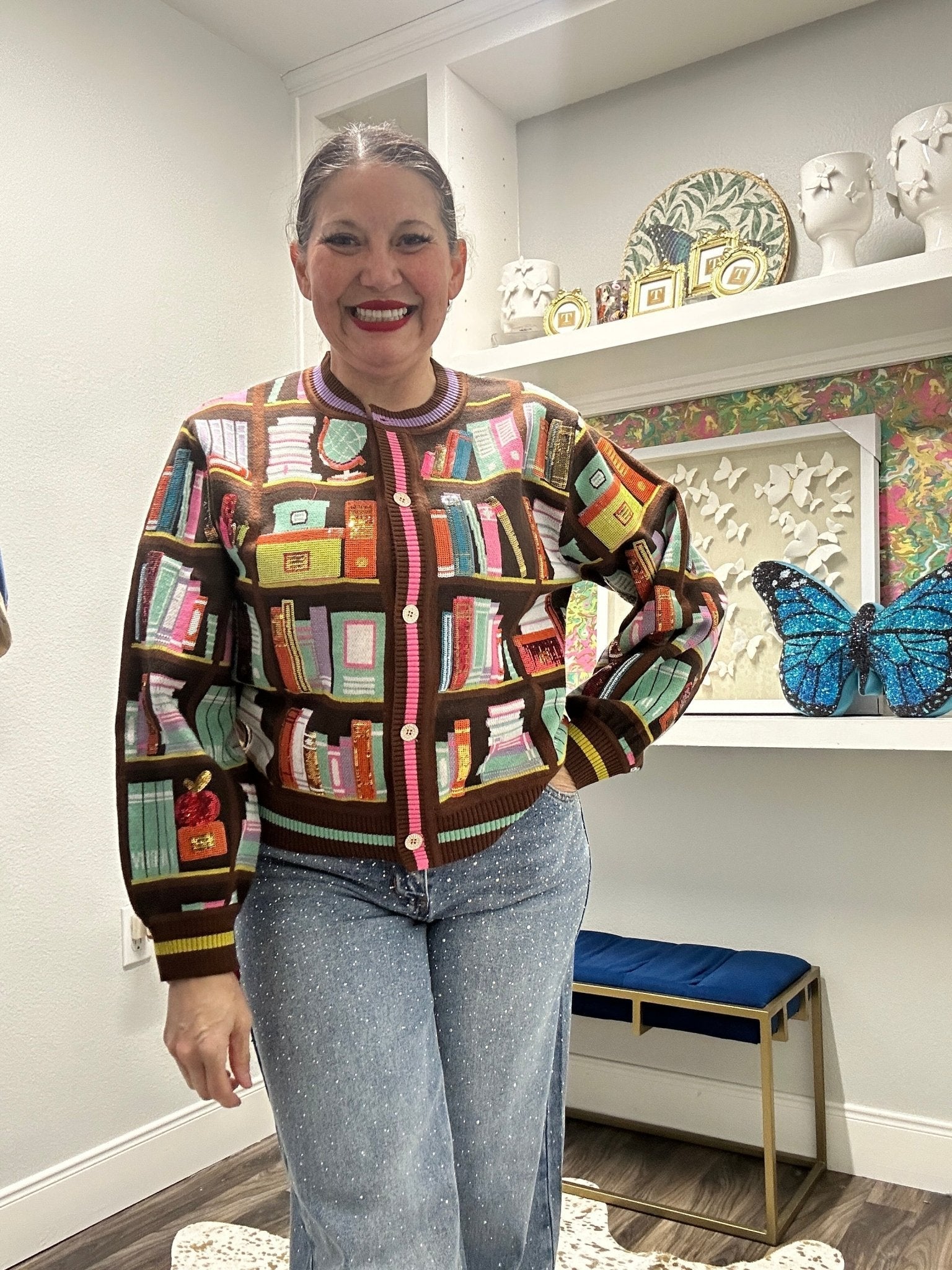 QOS Brown Multi Library Books Cardigan Sweater school teacher Librarian