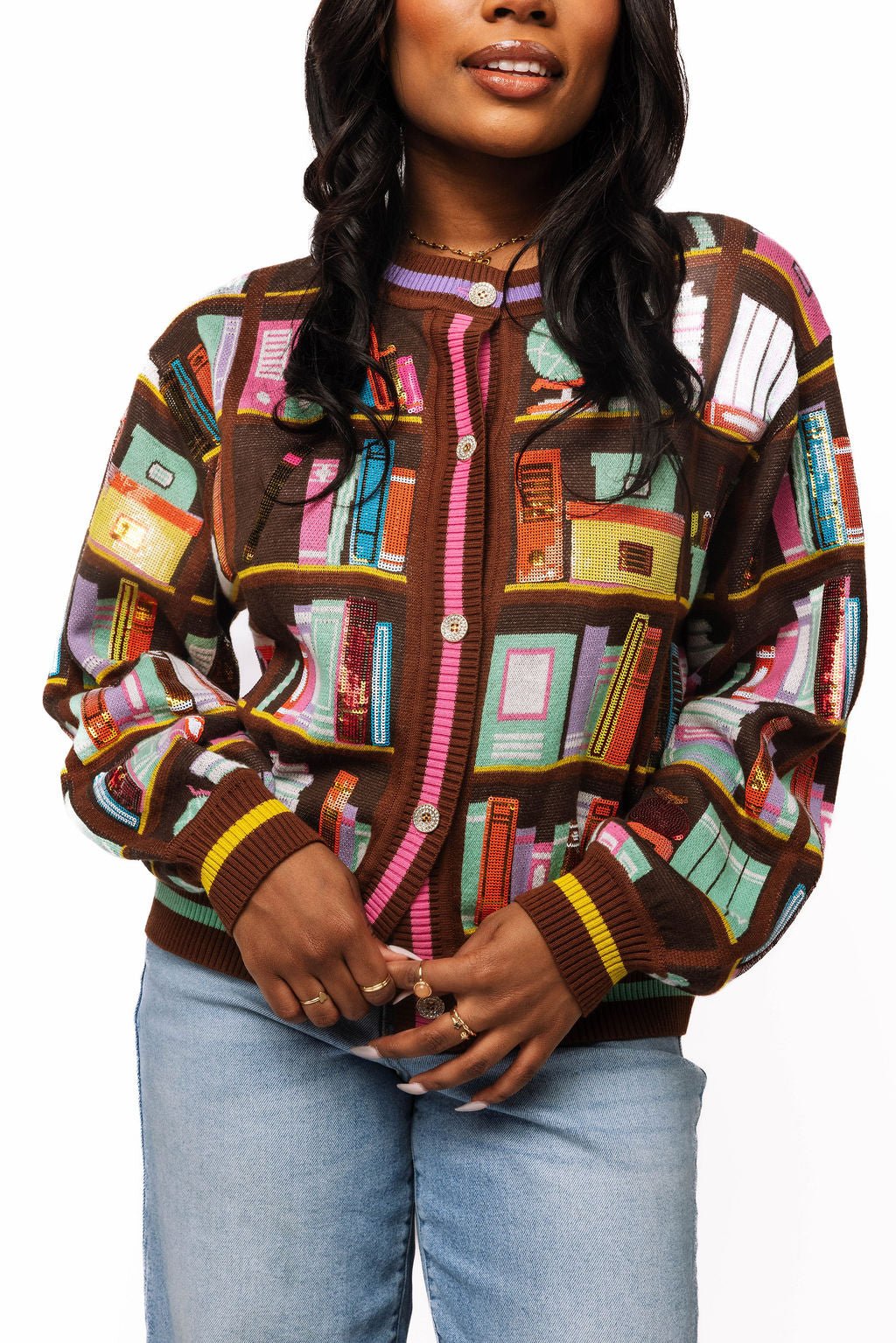 QOS Brown Multi Library Books Cardigan Sweater school teacher Librarian