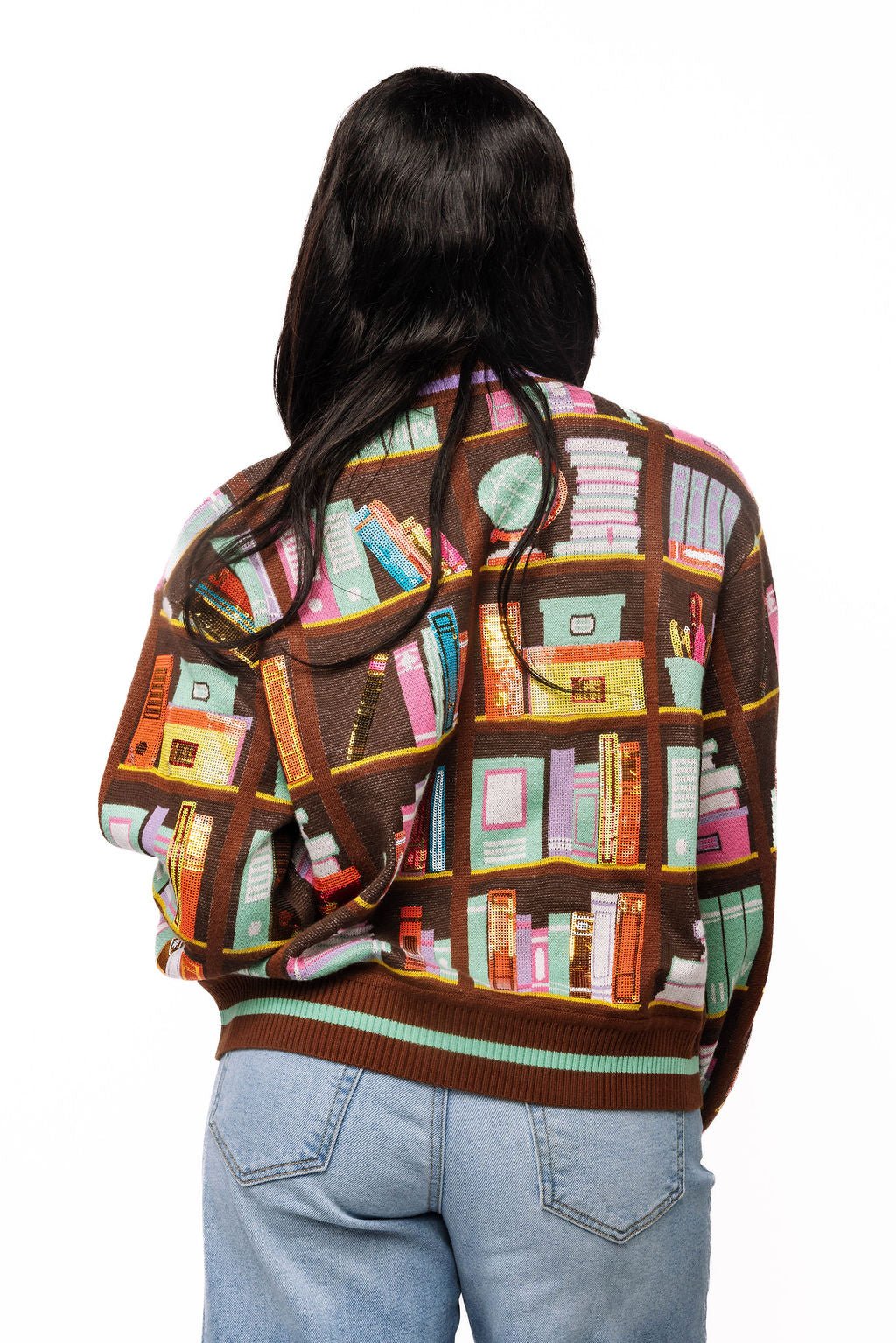 QOS Brown Multi Library Books Cardigan Sweater school teacher Librarian