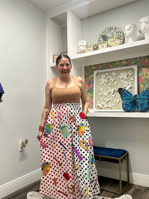 QOS Colorful Polka Dot School Supplies Teacher Icon Midi Skirt Long Queen of Sparkles