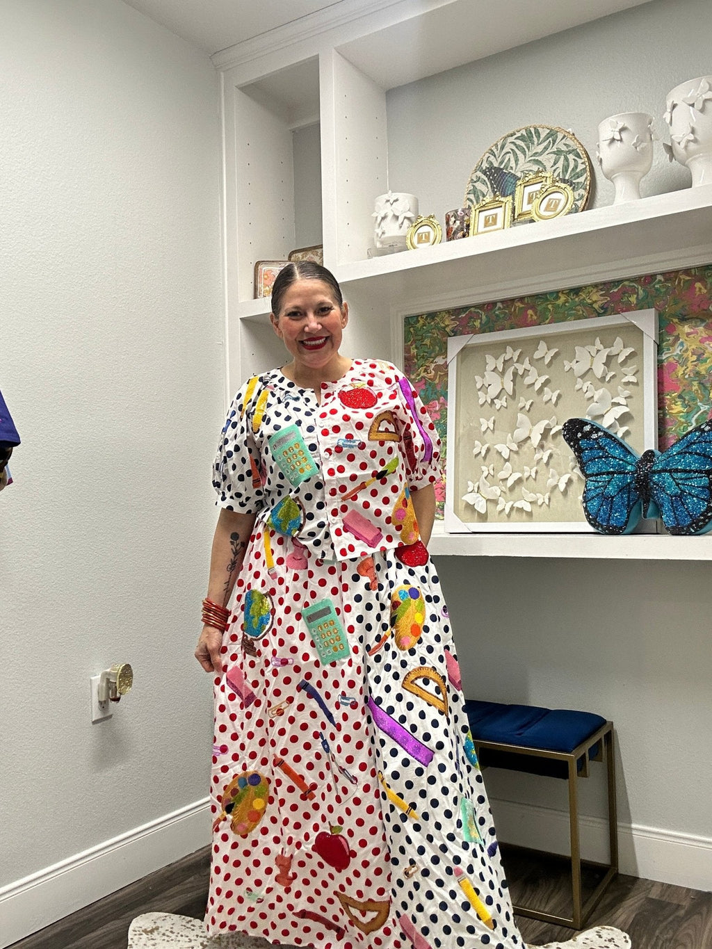 QOS Colorful Polka Dot School Supplies Teacher Icon Midi Skirt Long Queen of Sparkles