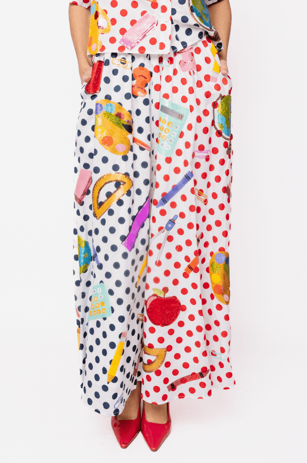 QOS Colorful Polka Dot School Supplies Teacher Icon Midi Skirt Long Queen of Sparkles