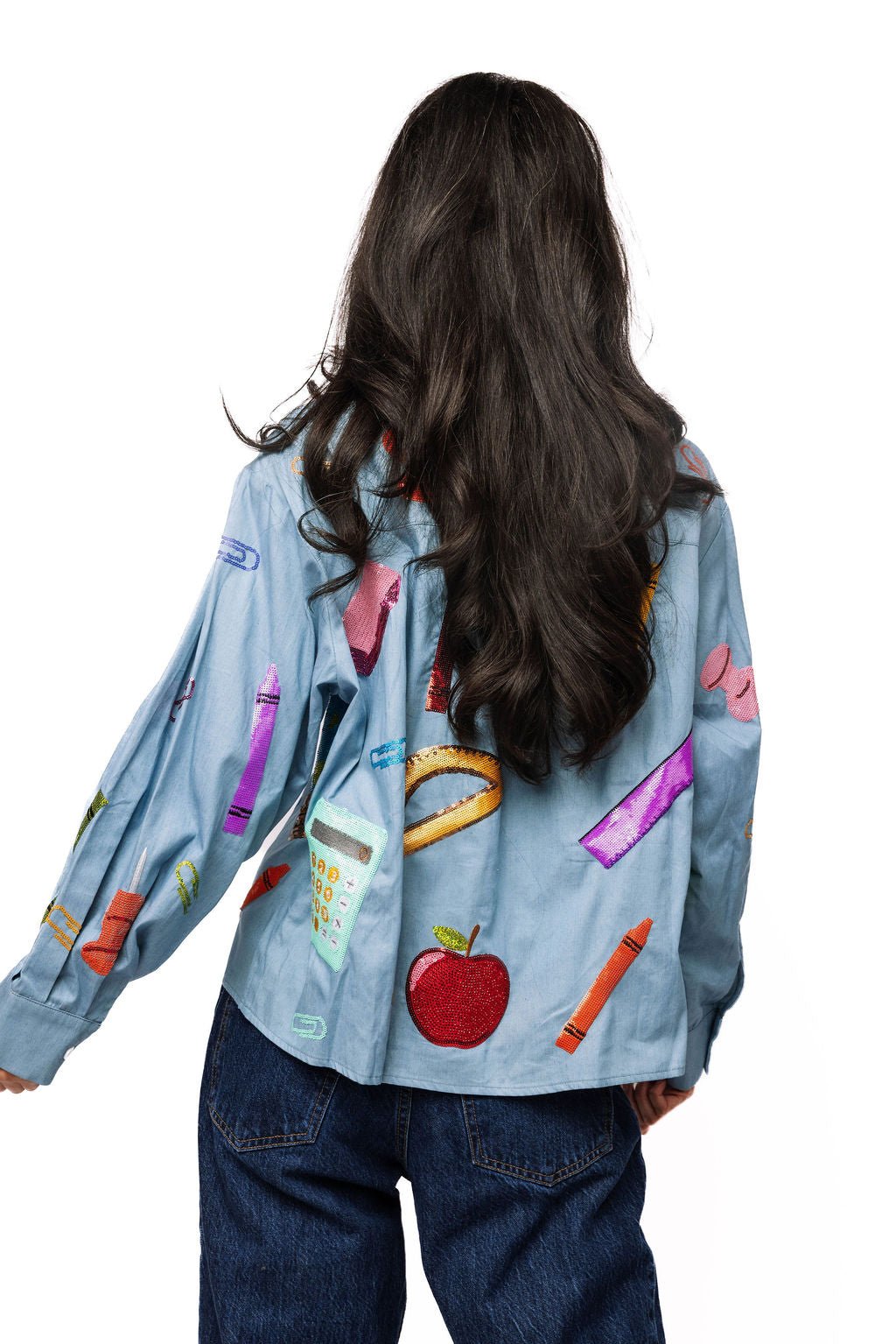 QOS Denim & Red Gingham Collar Teacher Icon Button Up Top Shirt Queen of Sparkles