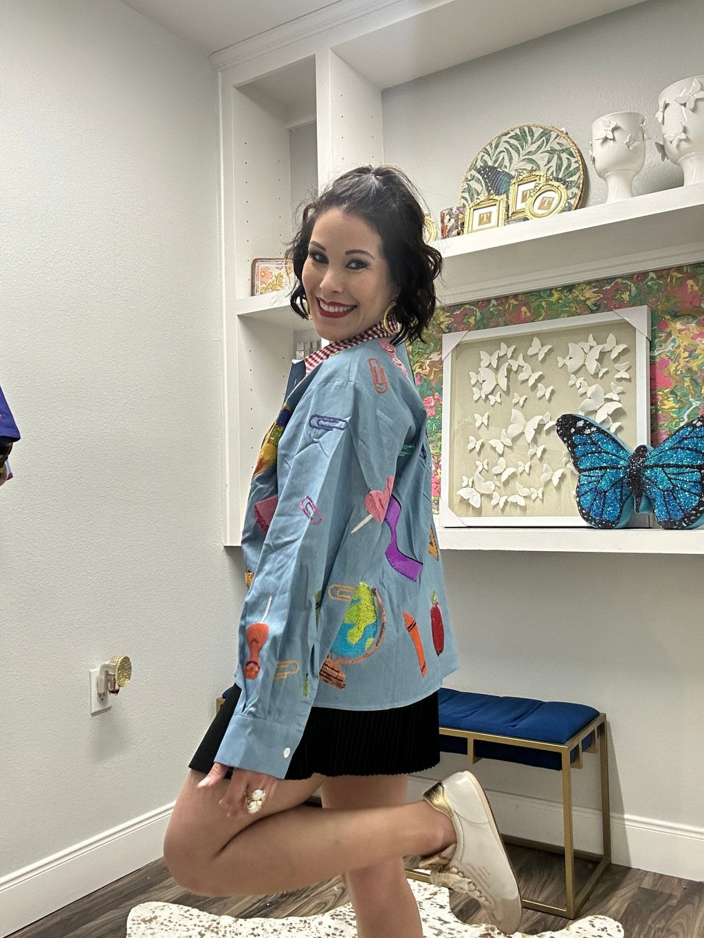 QOS Denim & Red Gingham Collar Teacher Icon Button Up Top Shirt Queen of Sparkles