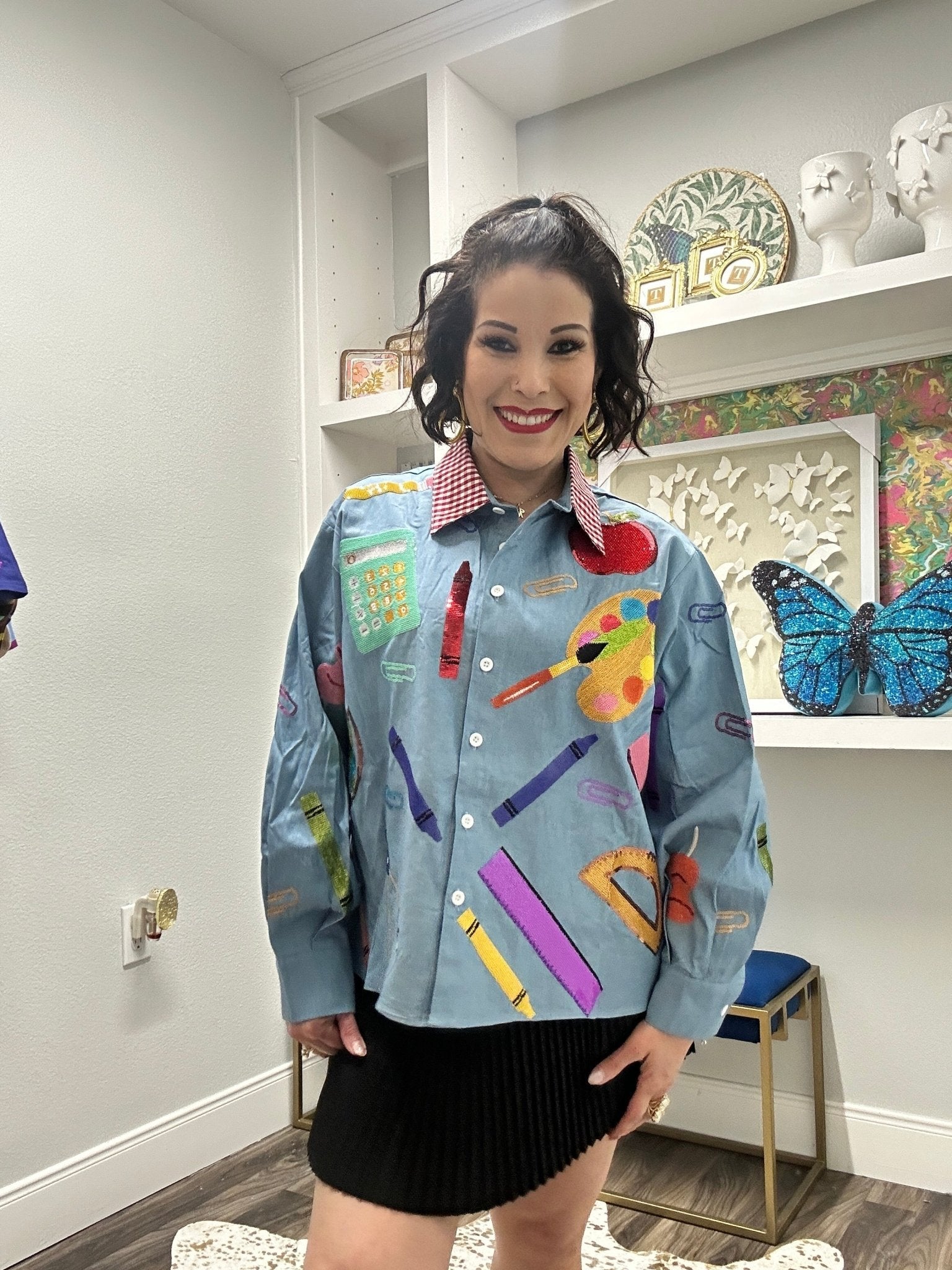 QOS Denim & Red Gingham Collar Teacher Icon Button Up Top Shirt Queen of Sparkles