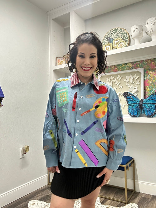 QOS Denim & Red Gingham Collar Teacher Icon Button Up Top Shirt Queen of Sparkles