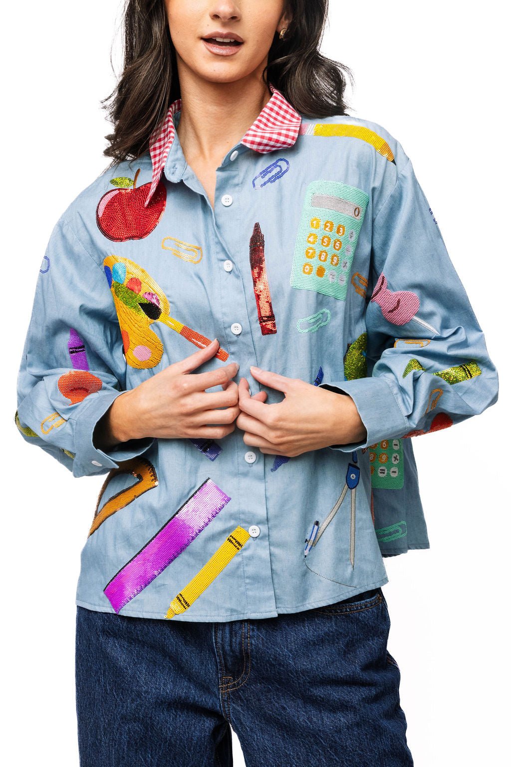 QOS Denim & Red Gingham Collar Teacher Icon Button Up Top Shirt Queen of Sparkles