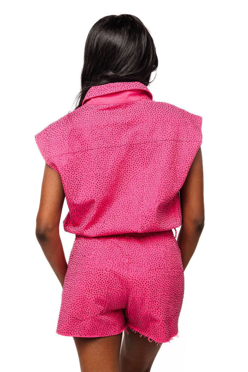 QOS Hot Pink Rhinestone Button Up Romper Queen of Sparkles Shorts