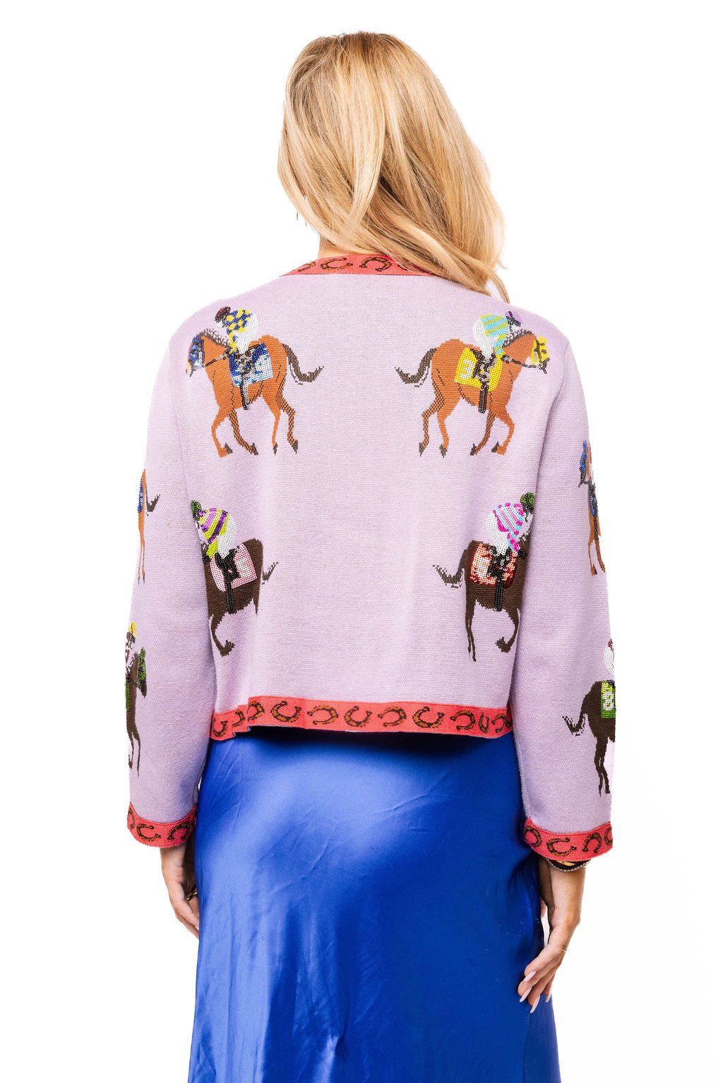 QOS Lavender & Pink Jockey and Horse Button Up Cardigan sweater Queen of Sparkles