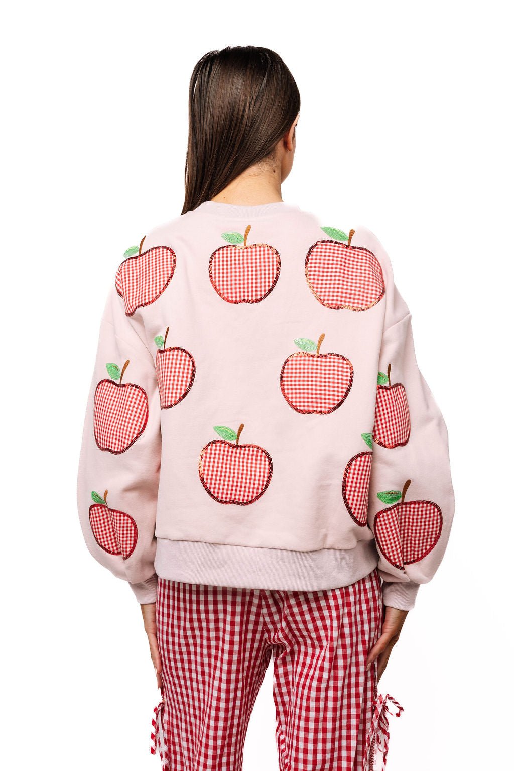 QOS Light Pink & Red Gingham Apple a day teacher Sweatshirt Queen of Sparkles