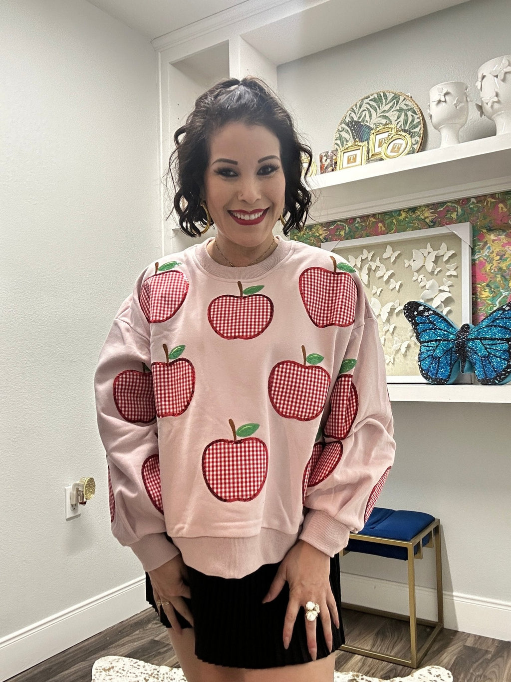 QOS Light Pink & Red Gingham Apple a day teacher Sweatshirt Queen of Sparkles