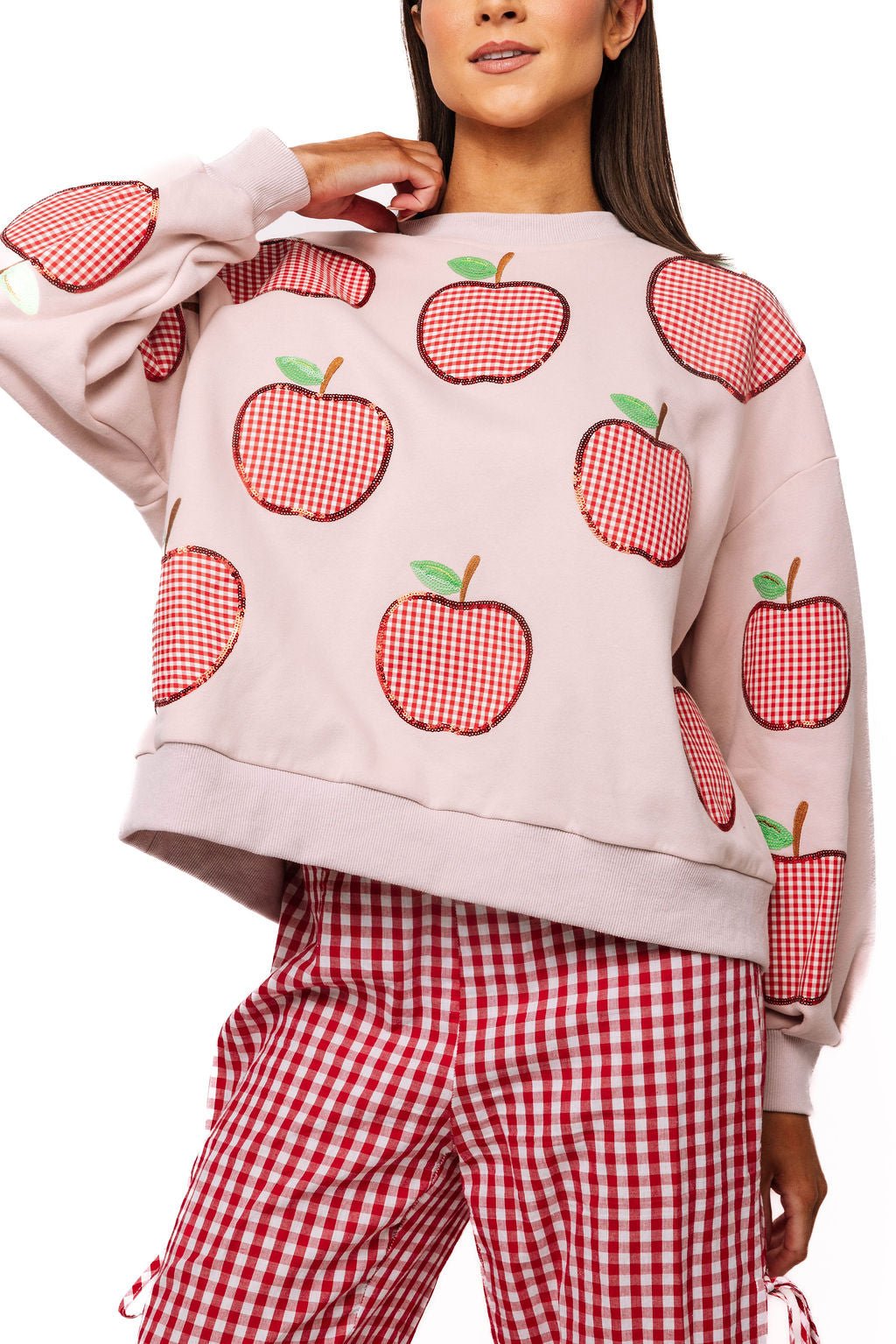 QOS Light Pink & Red Gingham Apple a day teacher Sweatshirt Queen of Sparkles