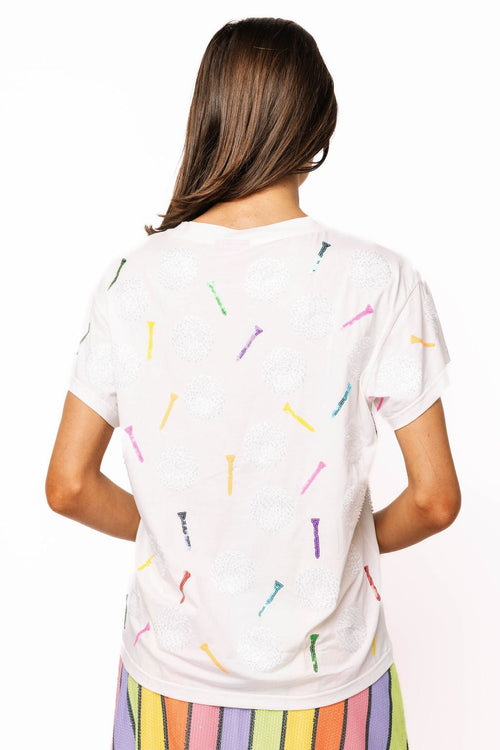 QOS Queen of Sparkles White Golf Ball & Multi Golf Tee T-Shirt Top
