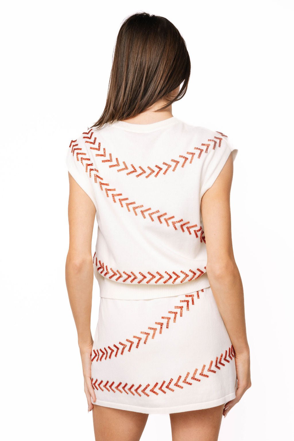 QOS White & Red Beaded Baseball Stitch Button Up Vest Top Queen of Sparkles