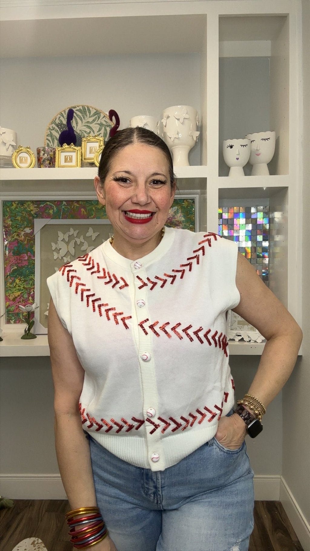 QOS White & Red Beaded Baseball Stitch Button Up Vest Top Queen of Sparkles