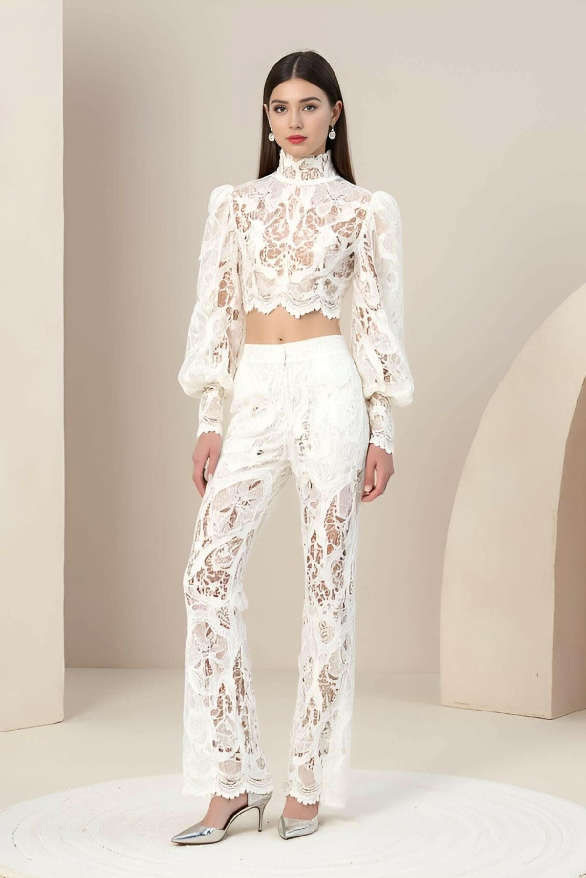 Rebecca Guipure Lace Top & Pant Set In White Small Ladies dressy outfit cropped Akalia bridal