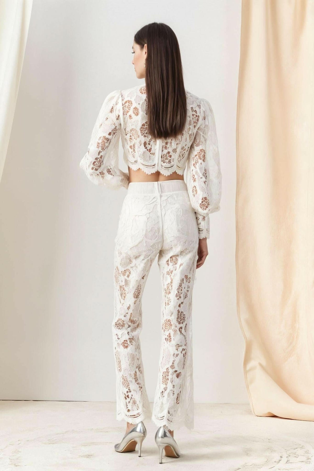 Rebecca Guipure Lace Top & Pant Set In White Small Ladies dressy outfit cropped Akalia bridal
