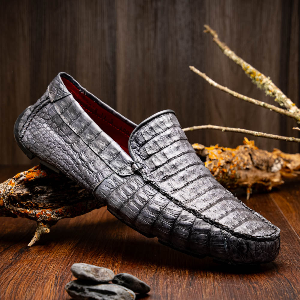 Remo Gray men's driving mocs shoes genuine Caiman crocodile slip-ons