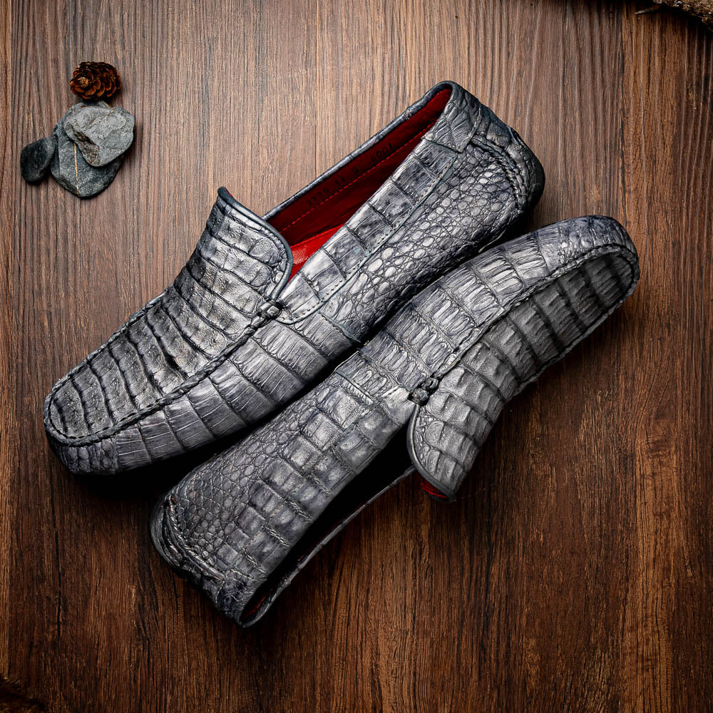 Remo Gray men's driving mocs shoes genuine Caiman crocodile slip-ons