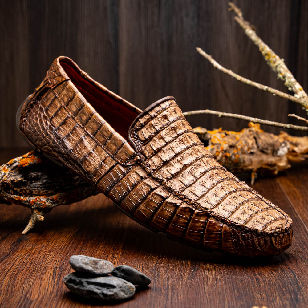 Remo Washed Brown driving mocs shoes genuine caiman crocodile men's Milano