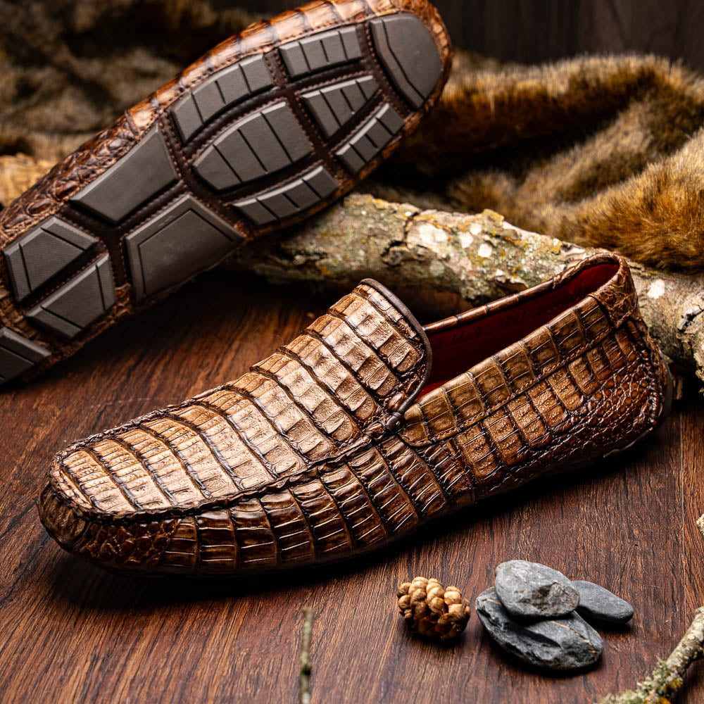 Remo Washed Brown driving mocs shoes genuine caiman crocodile men's Milano