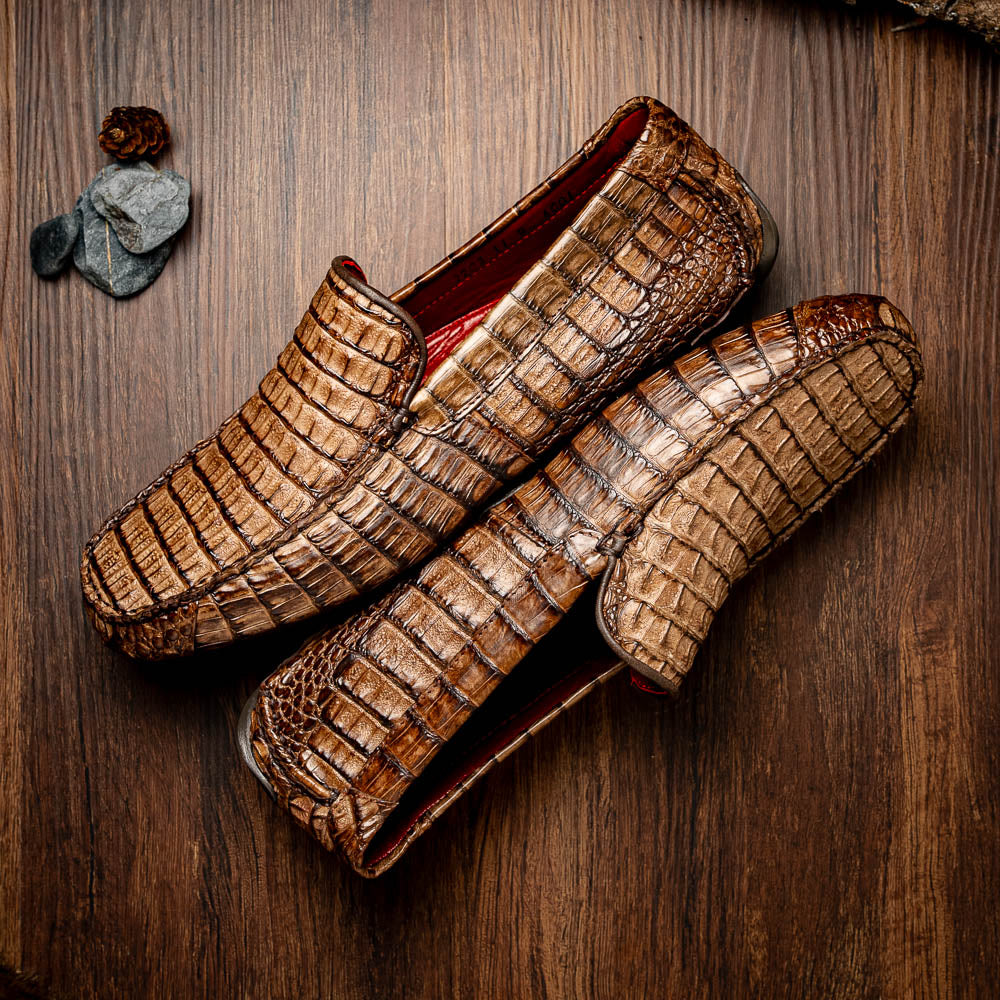 Remo Washed Brown driving mocs shoes genuine caiman crocodile men's Milano
