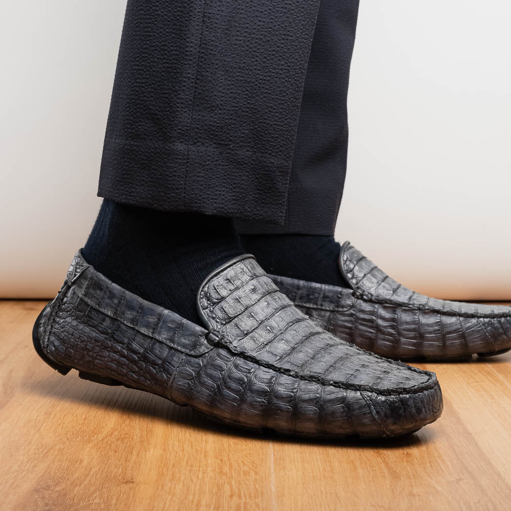Remo Gray men's driving mocs shoes genuine Caiman crocodile slip-ons