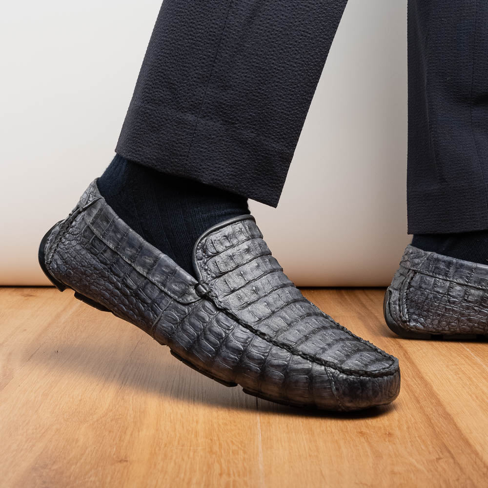 Remo Gray men's driving mocs shoes genuine Caiman crocodile slip-ons
