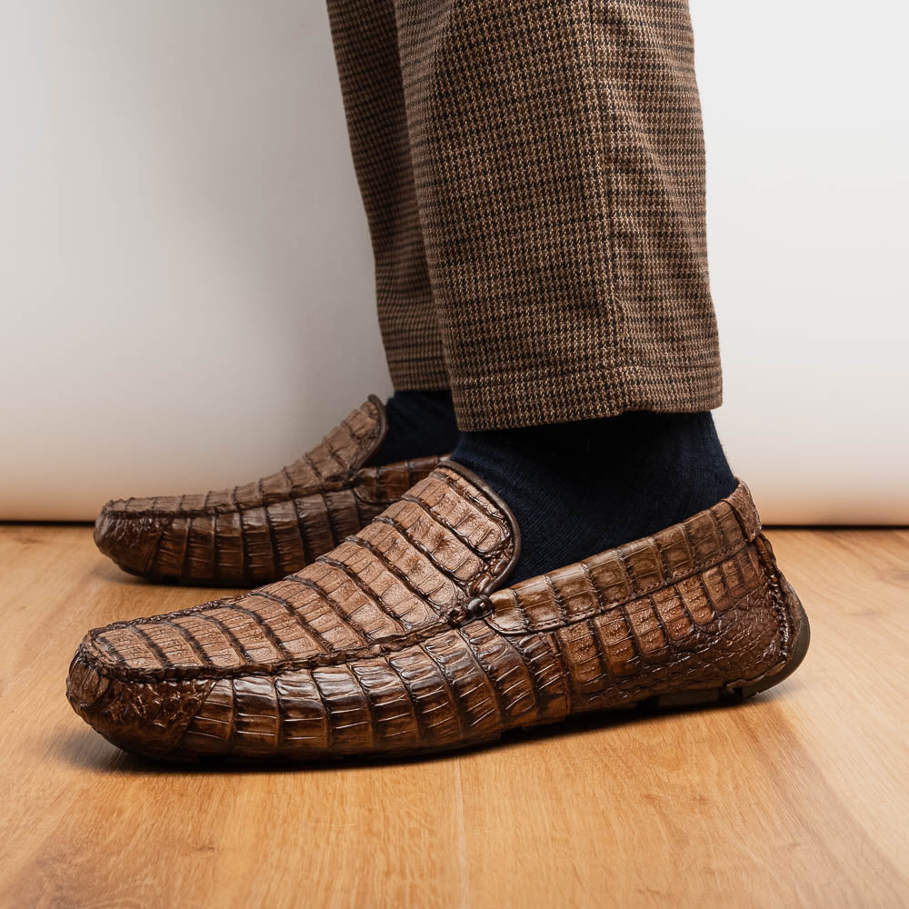 Remo Washed Brown driving mocs shoes genuine caiman crocodile men's Milano
