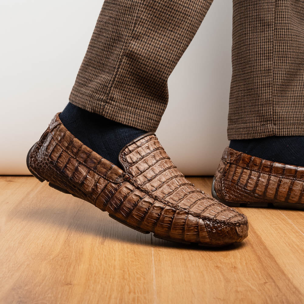 Remo Washed Brown driving mocs shoes genuine caiman crocodile men's Milano