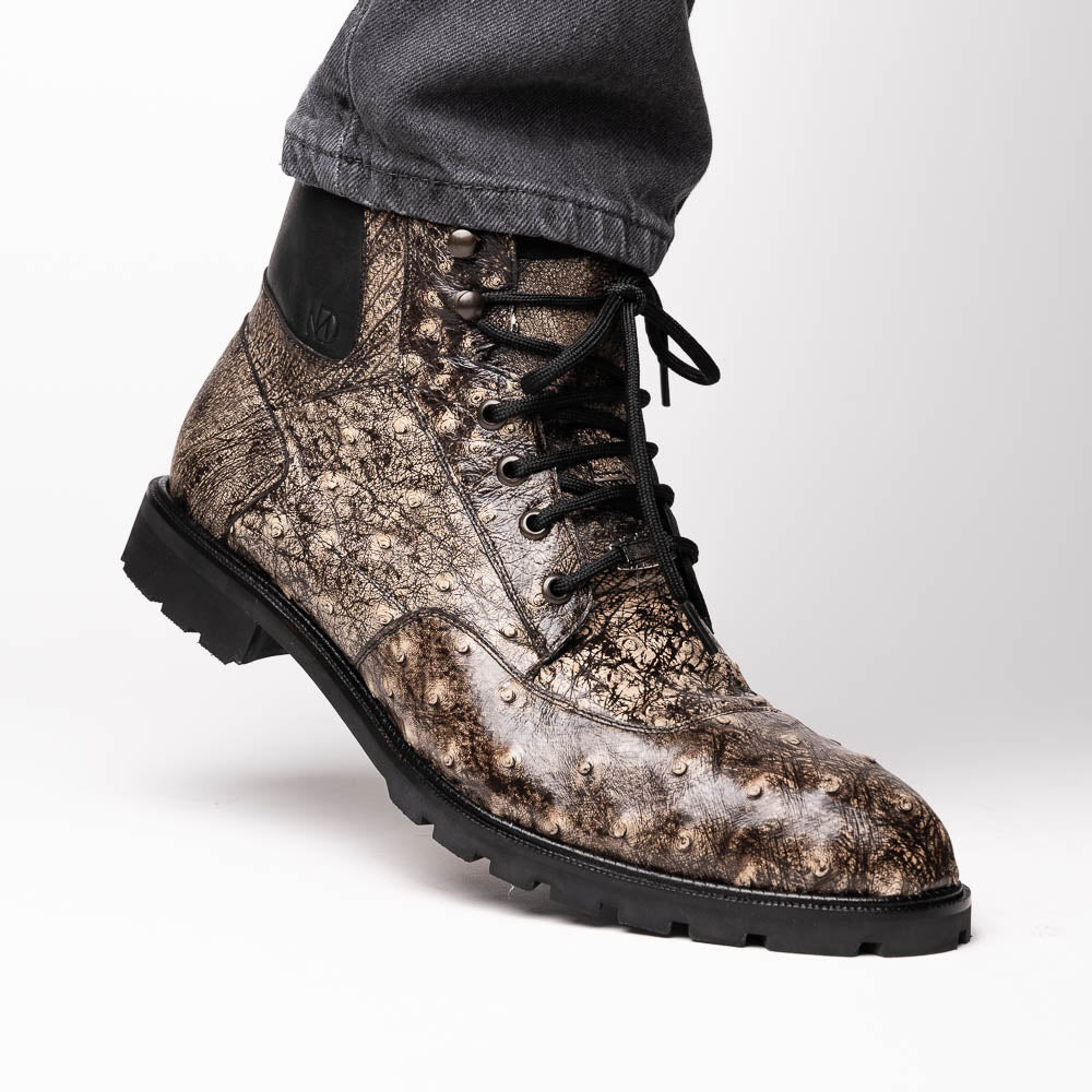 Renzo Stone Black boots lace-up men's Milano stone black ostrich skin shoes
