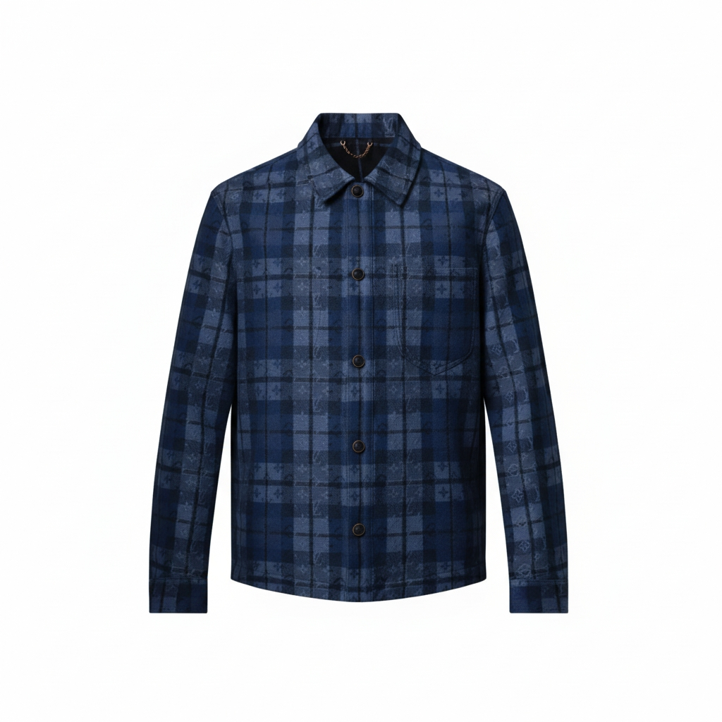 LV Monogram Tartan Denim Overshirt Shacket Jacket Blue Men's M L