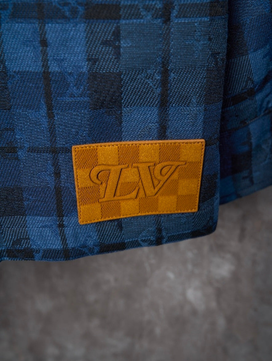 LV Monogram Tartan Denim Overshirt Shacket Jacket Blue Men's M L