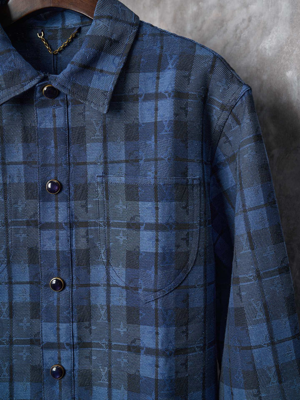 LV Monogram Tartan Denim Overshirt Shacket Jacket Blue Men's M L