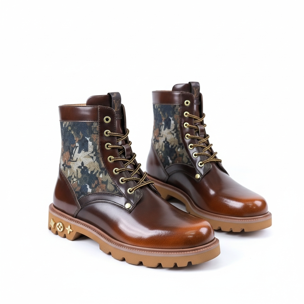 LV boots Louis Vuitton Men's Size-10 brown leather and camo