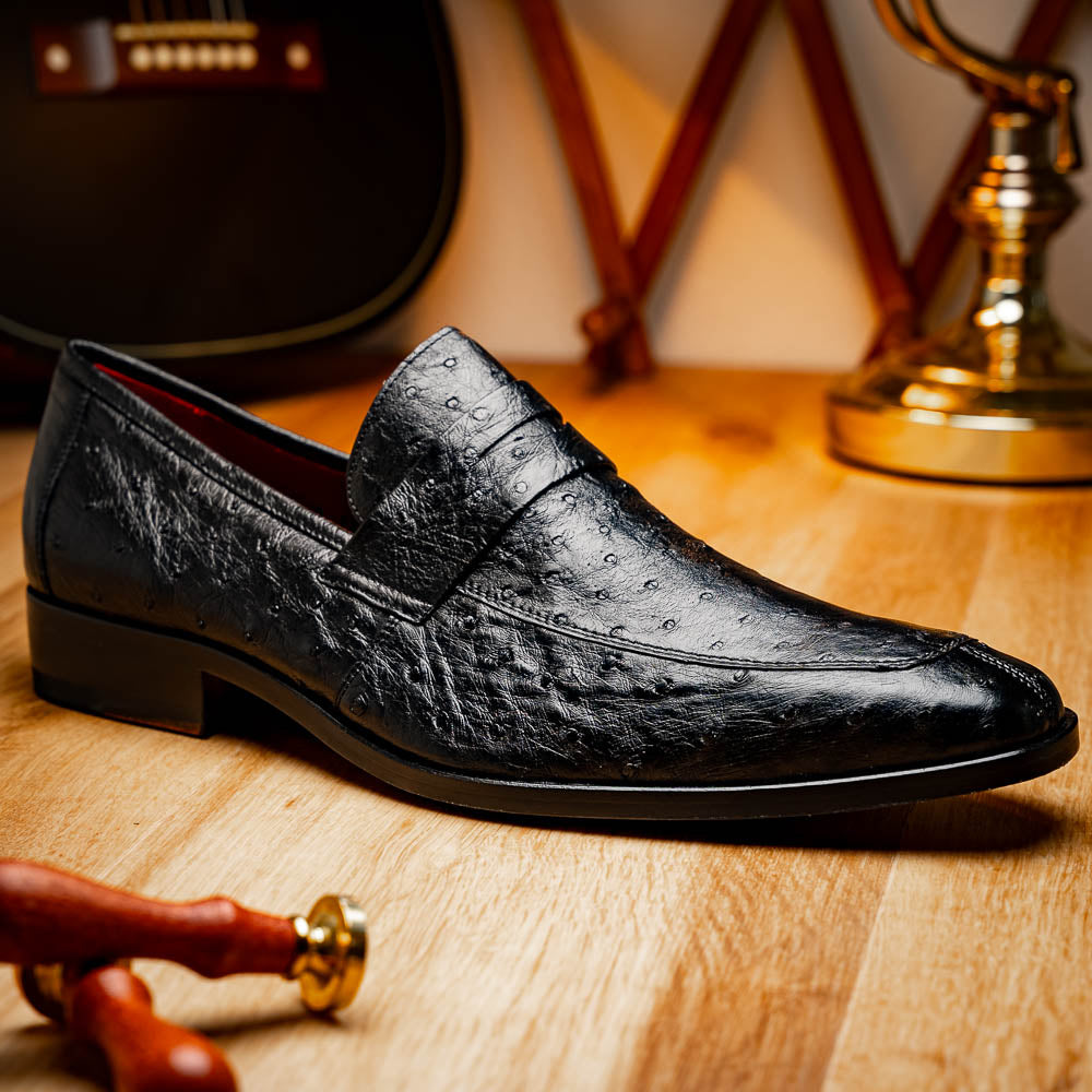 Salvatore Black genuine ostrich skin loafers shoes men's luxury